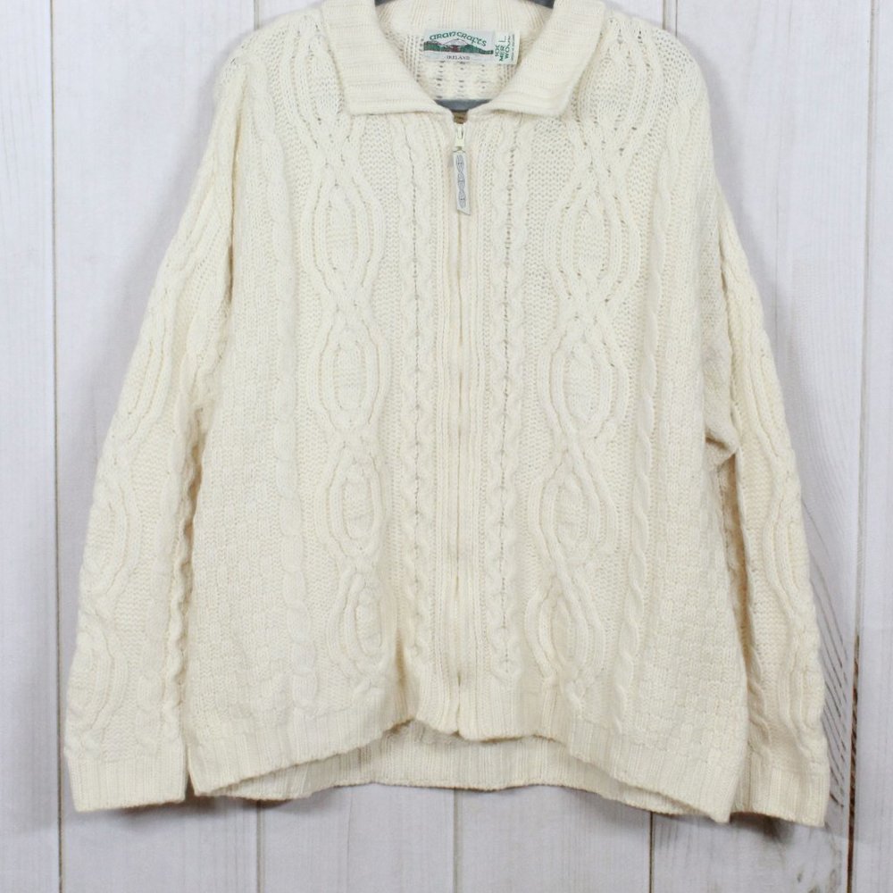 ARAN CRAFTS Merino Wool Full Zip Knit Sweater Sz L - Picture 3 of 12